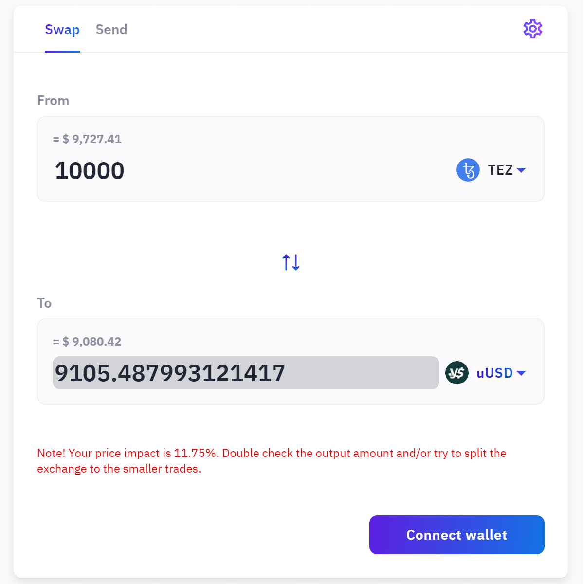 QuipuSwap swap form quoting 10 000 XTZ for uUSD
