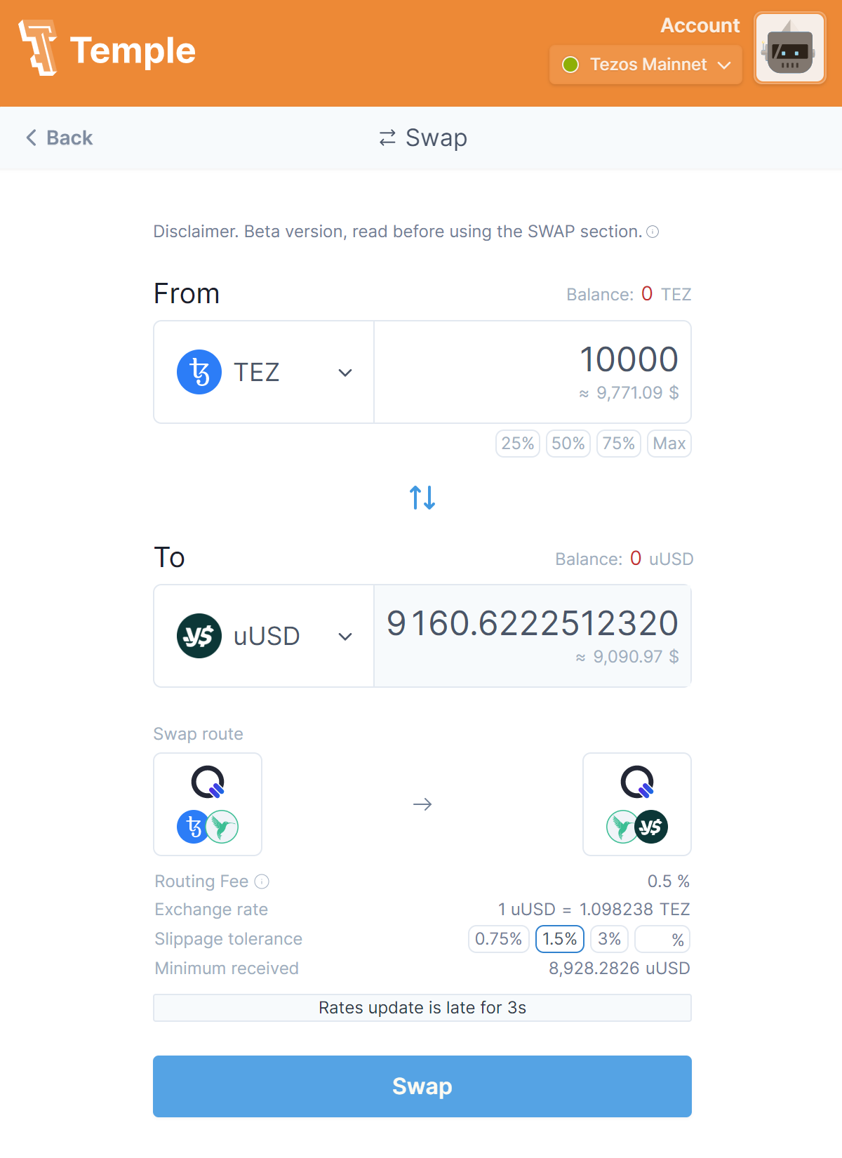 Temple wallet route quoting 10 000 XTZ for uUSD