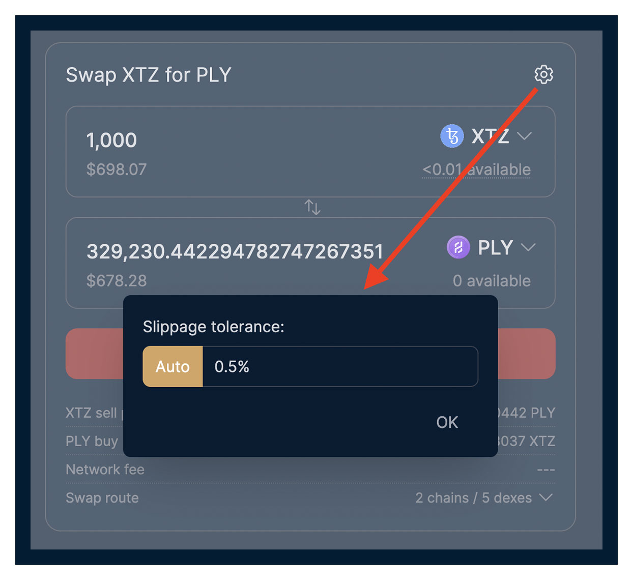 An exchange order with its market price and slippage range
