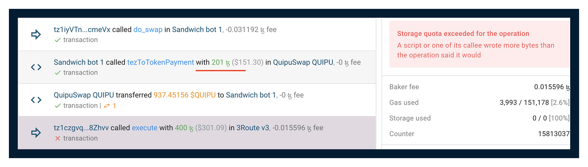 A failed sandwich attack in the block explorer